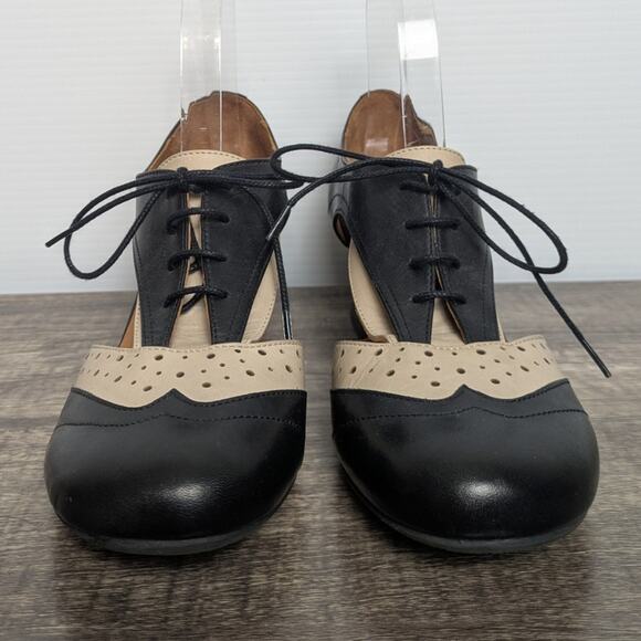 Miz Mooz Fleur Oxford Heel Shoes Size 8 Black Beige - Picture 2 of 12